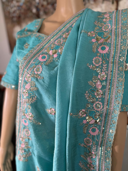 Soft Chinon Saree, Aqua Blue Sequins Embroidery, Designer Party Wear Blouse Piece| Party Wear Saree  | Stitched Blouse Ready to wear