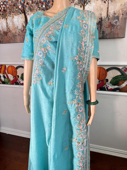 Soft Chinon Saree, Aqua Blue Sequins Embroidery, Designer Party Wear Blouse Piece| Party Wear Saree  | Stitched Blouse Ready to wear
