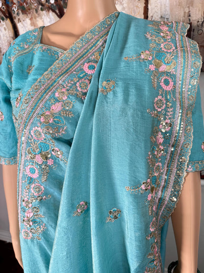 Soft Chinon Saree, Aqua Blue Sequins Embroidery, Designer Party Wear Blouse Piece| Party Wear Saree  | Stitched Blouse Ready to wear