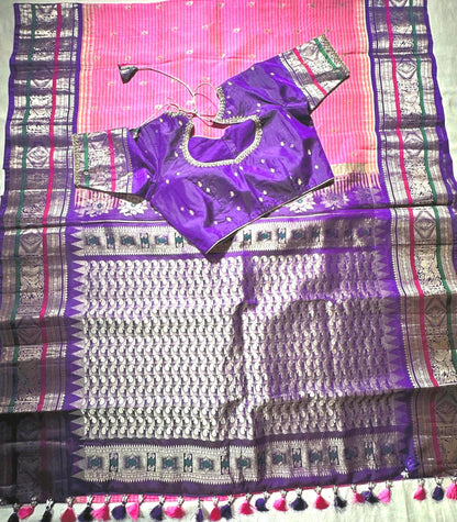 Handloom Gadwal Pure Silk Saree Pink & Purple | Zari Woven Wedding Saree |  Hand Maggam Work Blouse | Indian Silk Saree | USA Shipping