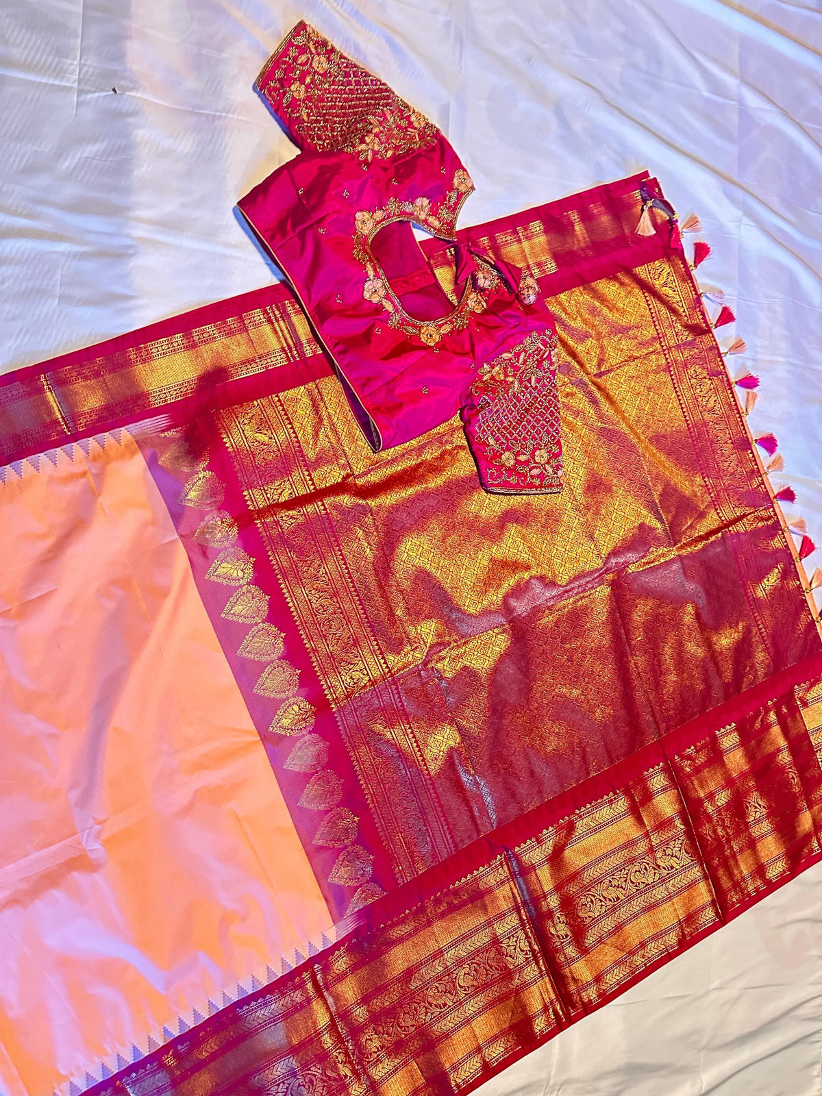 Premium Gadwal Saree with Heavy Maggam Work Blouse Ready-to-wear, Shipping from USA