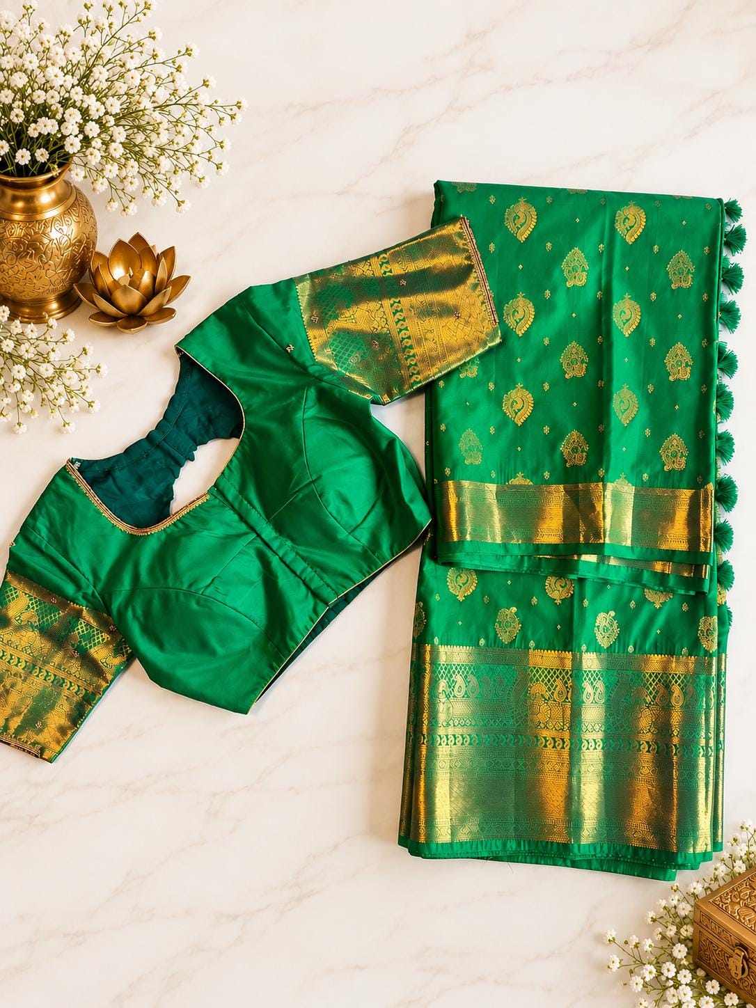 Kanjivaram Premium Semi Silk Saree with Maggam Work Blouse, Ready-to-wear, Shipping from USA