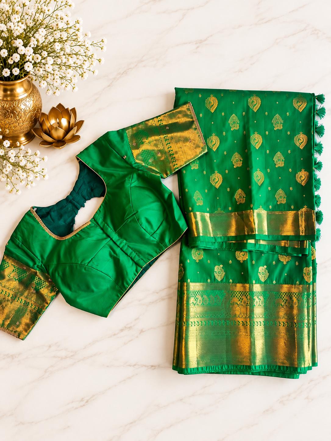 Kanjivaram Premium Semi Silk Saree with Maggam Work Blouse, Ready-to-wear, Shipping from USA