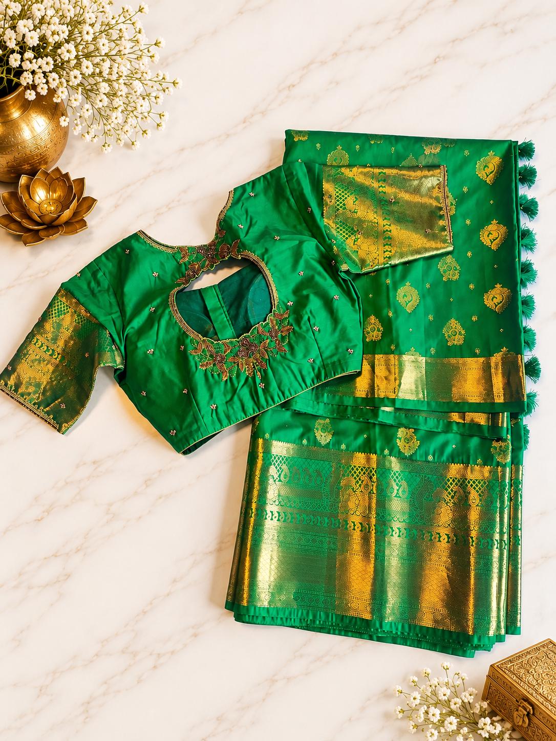 Kanjivaram Premium Semi Silk Saree with Maggam Work Blouse, Ready-to-wear, Shipping from USA