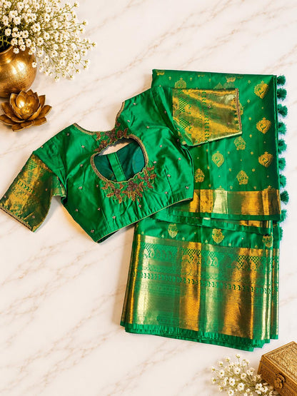 Kanjivaram Premium Semi Silk Saree with Maggam Work Blouse, Ready-to-wear, Shipping from USA