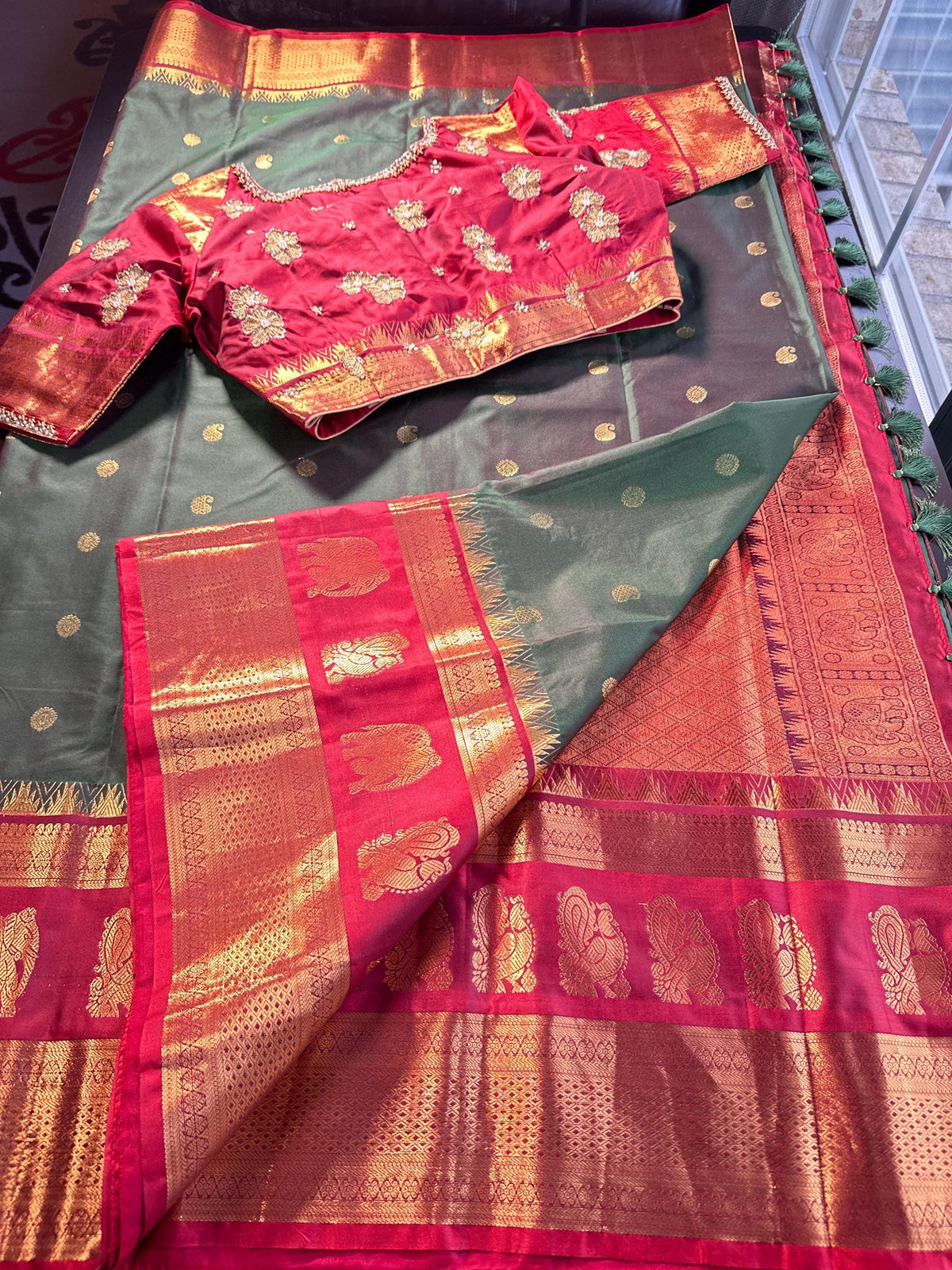 Premium Kanjeevaram Double Border Silk Saree Heavy Maggam Work Stitched Blouse | Traditional Saree Shipping from USA