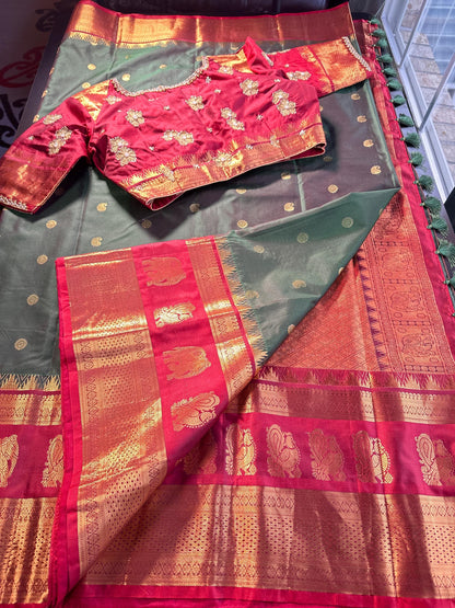 Premium Kanjeevaram Double Border Silk Saree Heavy Maggam Work Stitched Blouse | Traditional Saree Shipping from USA