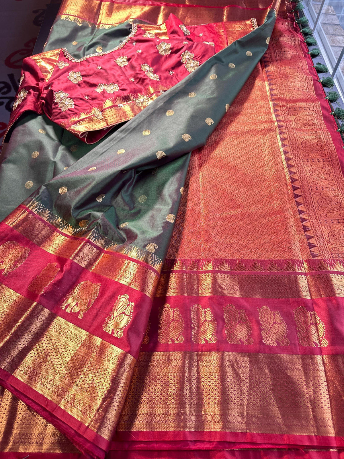 Premium Kanjeevaram Double Border Silk Saree Heavy Maggam Work Stitched Blouse | Traditional Saree Shipping from USA
