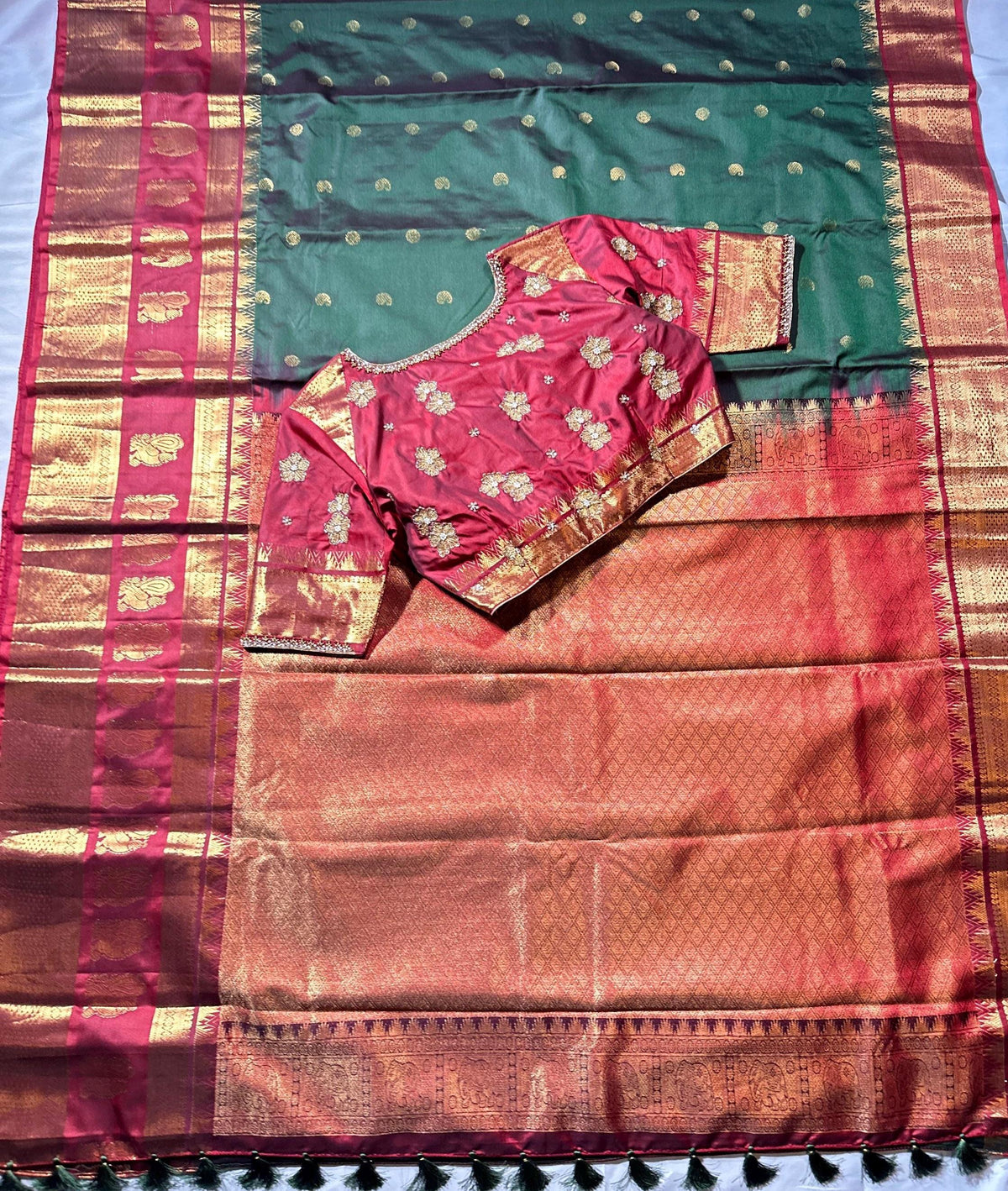 Premium Kanjeevaram Double Border Silk Saree Heavy Maggam Work Stitched Blouse | Traditional Saree Shipping from USA