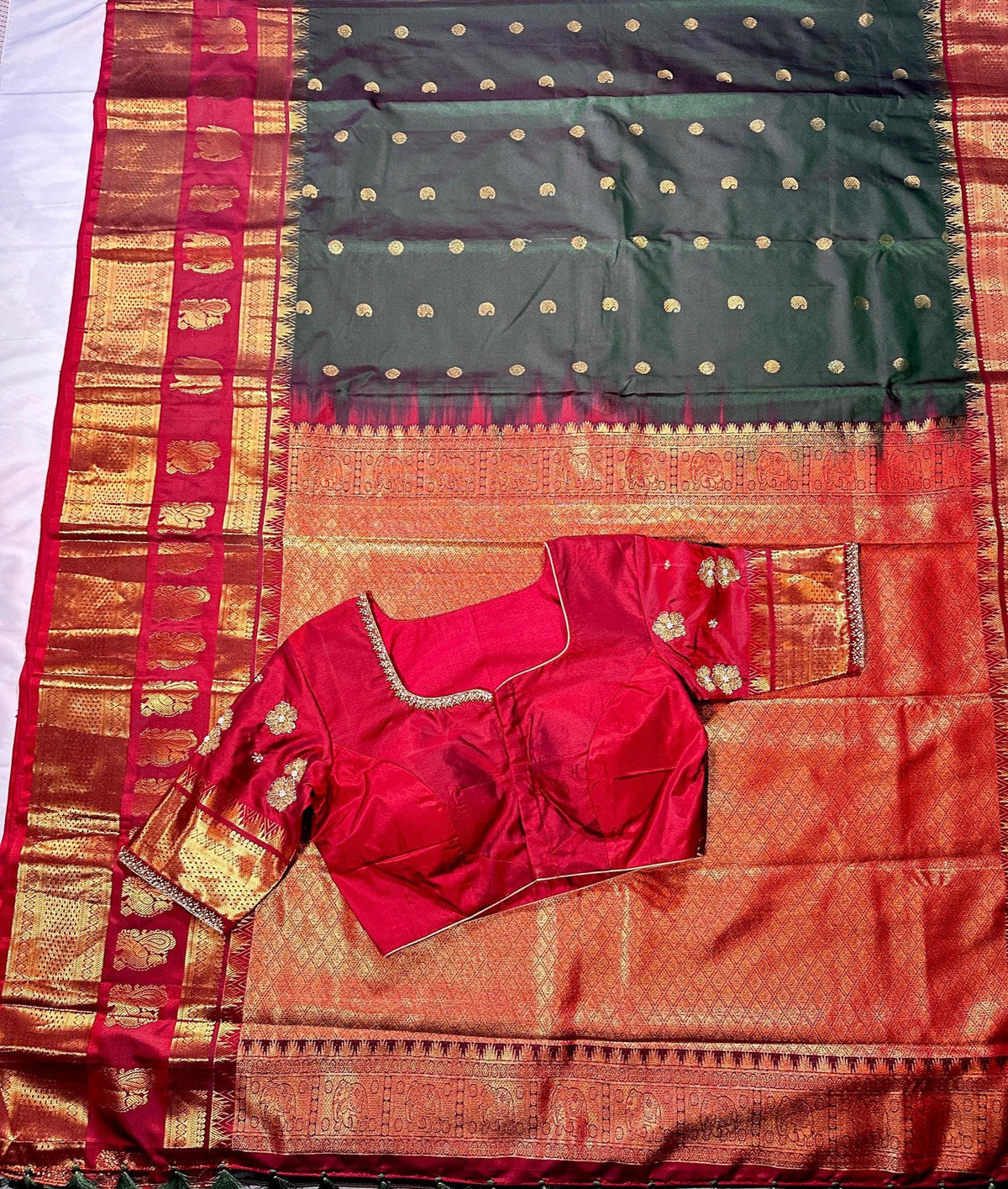 Premium Kanjeevaram Double Border Silk Saree Heavy Maggam Work Stitched Blouse | Traditional Saree Shipping from USA