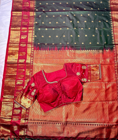 Premium Kanjeevaram Double Border Silk Saree Heavy Maggam Work Stitched Blouse | Traditional Saree Shipping from USA