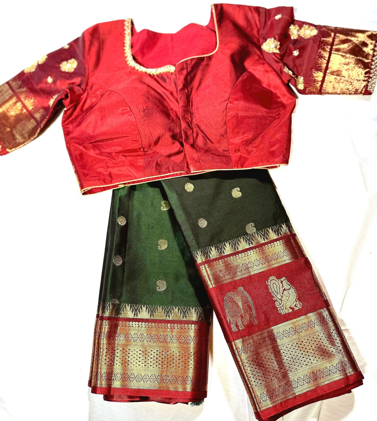 Premium Kanjeevaram Double Border Silk Saree Heavy Maggam Work Stitched Blouse | Traditional Saree Shipping from USA