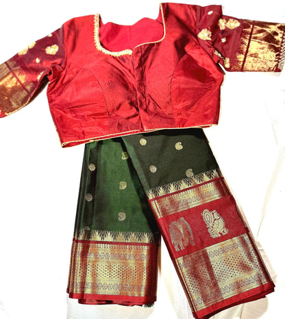 Premium Kanjeevaram Double Border Silk Saree Heavy Maggam Work Stitched Blouse | Traditional Saree Shipping from USA