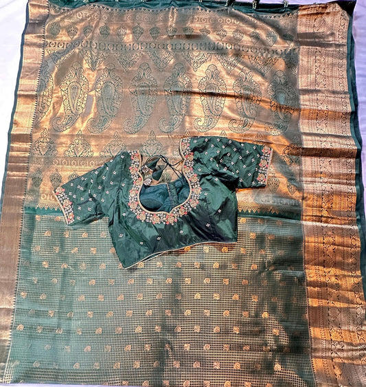 Bottle Green Premium Kanjivaram Silk Saree with Stitched Maggam Blouse | Double Border Indian Wedding Saree | Ships from USA