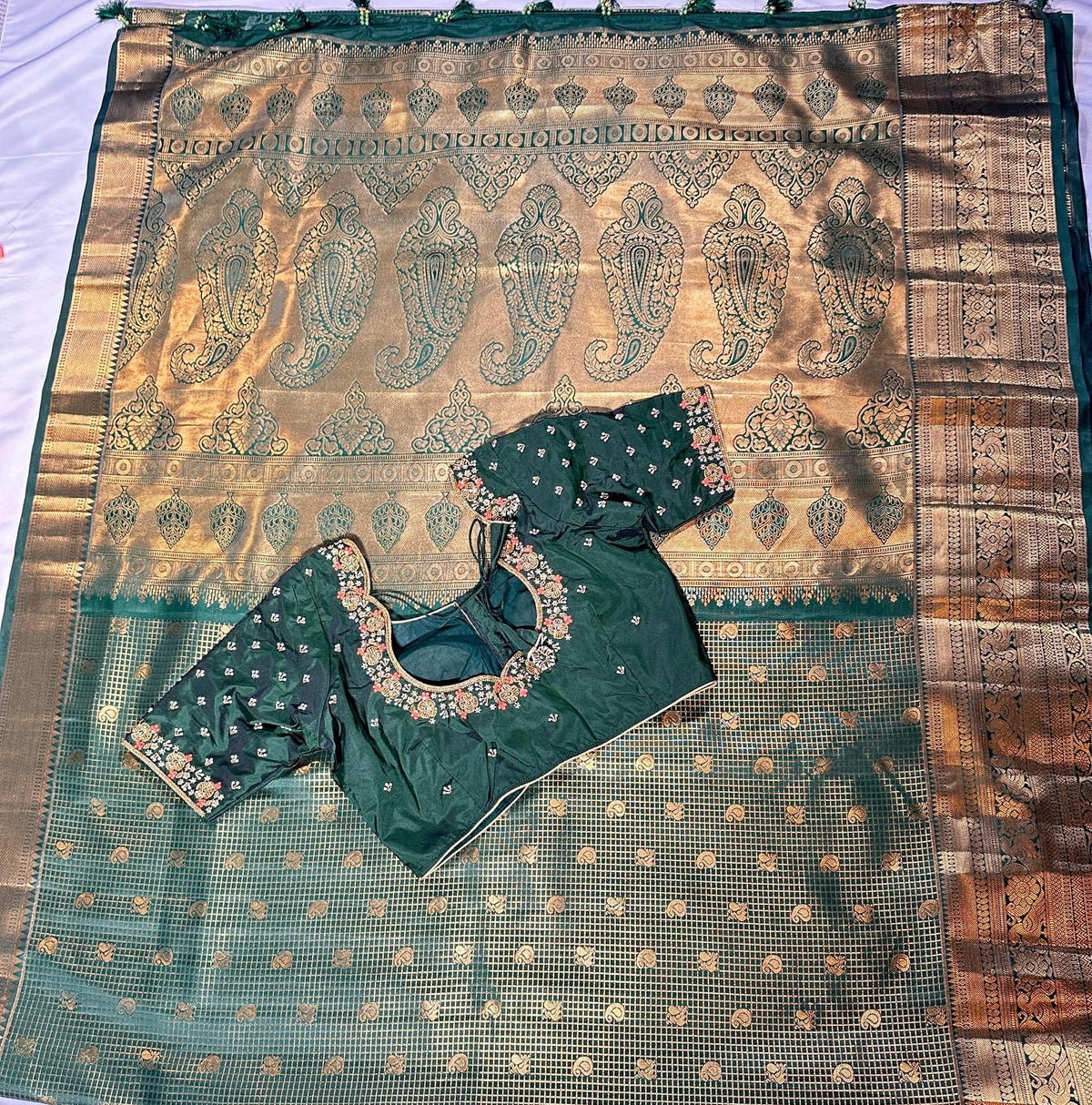 Bottle Green Premium Kanjivaram Silk Saree with Stitched Maggam Blouse | Double Border Indian Wedding Saree | Ships from USA
