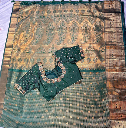 Bottle Green Premium Kanjivaram Silk Saree with Stitched Maggam Blouse | Double Border Indian Wedding Saree | Ships from USA