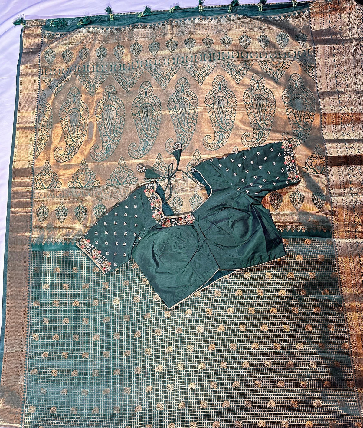 Bottle Green Premium Kanjivaram Silk Saree with Stitched Maggam Blouse | Double Border Indian Wedding Saree | Ships from USA
