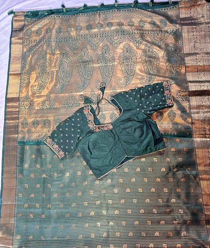 Bottle Green Premium Kanjivaram Silk Saree with Stitched Maggam Blouse | Double Border Indian Wedding Saree | Ships from USA