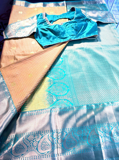Semi Kanjivaram Silk Saree with Stitched Maggam Work Blouse | Indian Wedding Saree | Ready to Wear Blouse | Ships from USA
