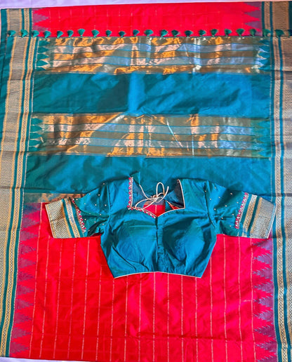 Semi Narayanpet Silk Saree with Stitched Maggam  Blouse, Traditional Indian Saree, Wedding Party Wear, Ready to Wear Blouse, Ships from USA