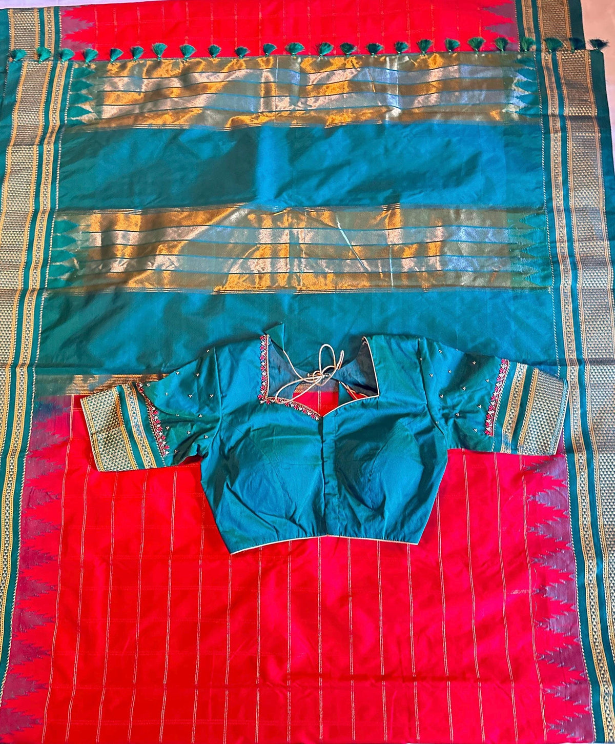 Semi Narayanpet Silk Saree with Stitched Maggam  Blouse, Traditional Indian Saree, Wedding Party Wear, Ready to Wear Blouse, Ships from USA