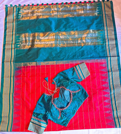 Semi Narayanpet Silk Saree with Stitched Maggam  Blouse, Traditional Indian Saree, Wedding Party Wear, Ready to Wear Blouse, Ships from USA