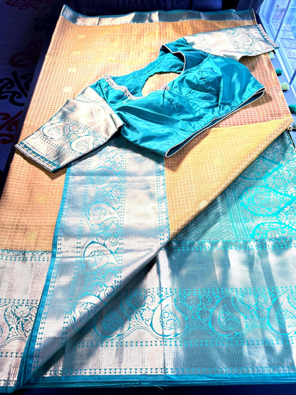 Semi Kanjivaram Silk Saree with Stitched Maggam Work Blouse | Indian Wedding Saree | Ready to Wear Blouse | Ships from USA