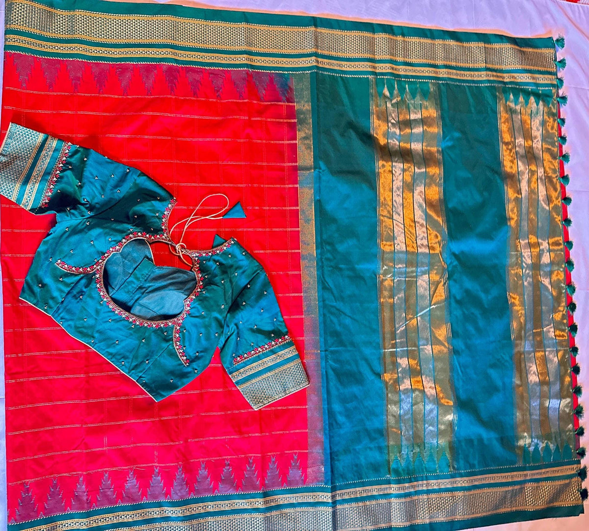 Semi Narayanpet Silk Saree with Stitched Maggam  Blouse, Traditional Indian Saree, Wedding Party Wear, Ready to Wear Blouse, Ships from USA