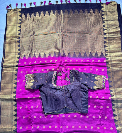 Pure Handloom Kanjivaram Silk Saree with Stitched Maggam Blouse | Pink Zari Wedding Saree | Ships from USA