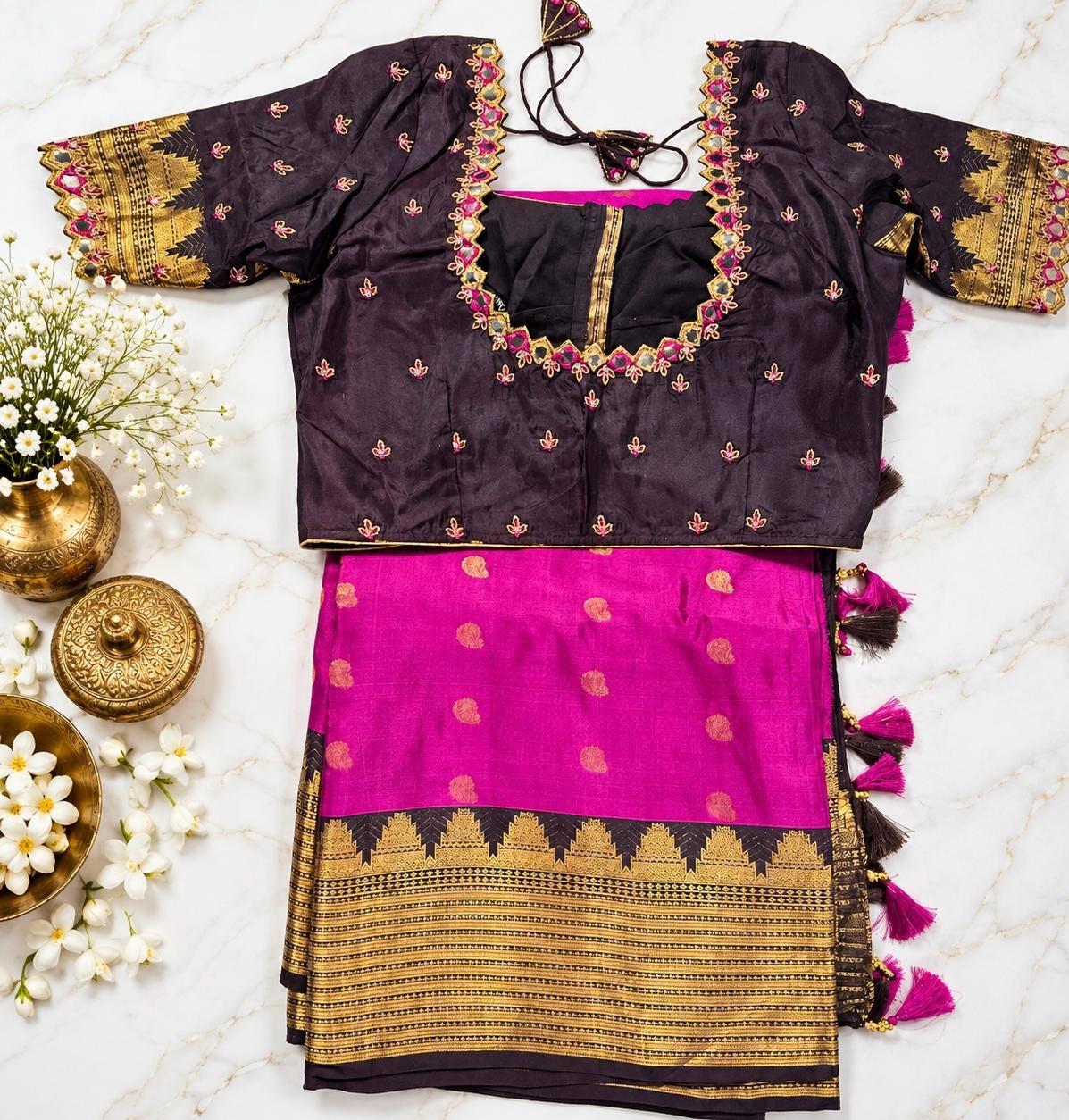 Pure Handloom Kanjivaram Silk Saree with Stitched Maggam Blouse | Pink Zari Wedding Saree | Ships from USA