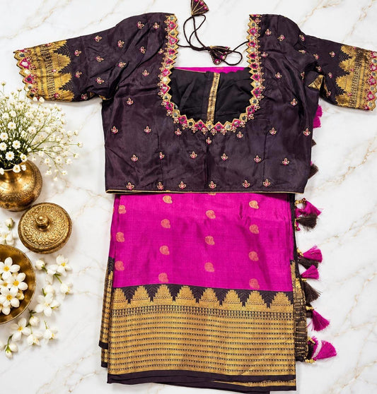 Pure Handloom Kanjivaram Silk Saree with Stitched Maggam Blouse | Pink Zari Wedding Saree | Ships from USA