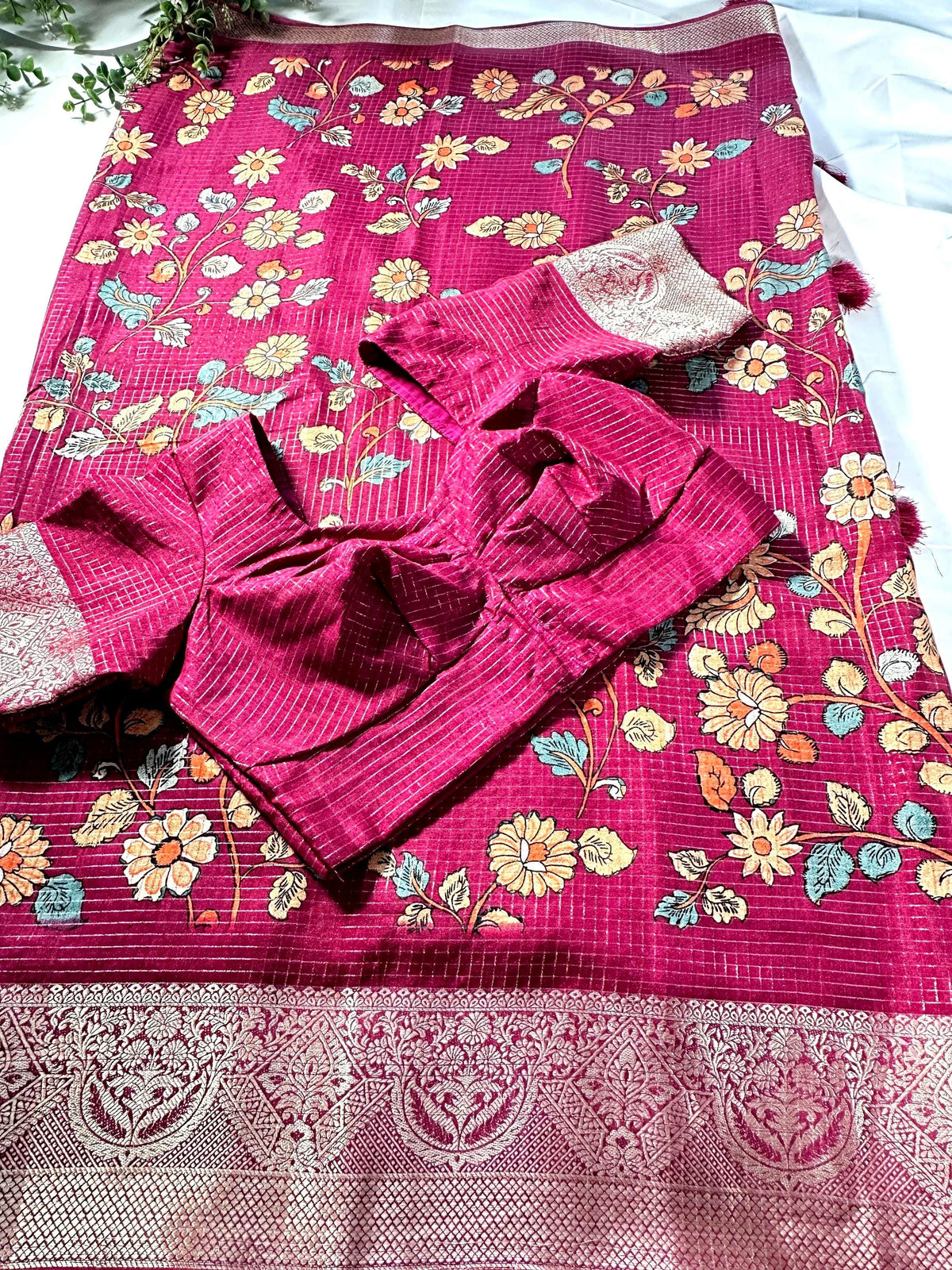 Kalamkari Printed  Semi Tussar  Georgette Silk Saree with Banarsi border | Stitched Blouse | Ready to wear