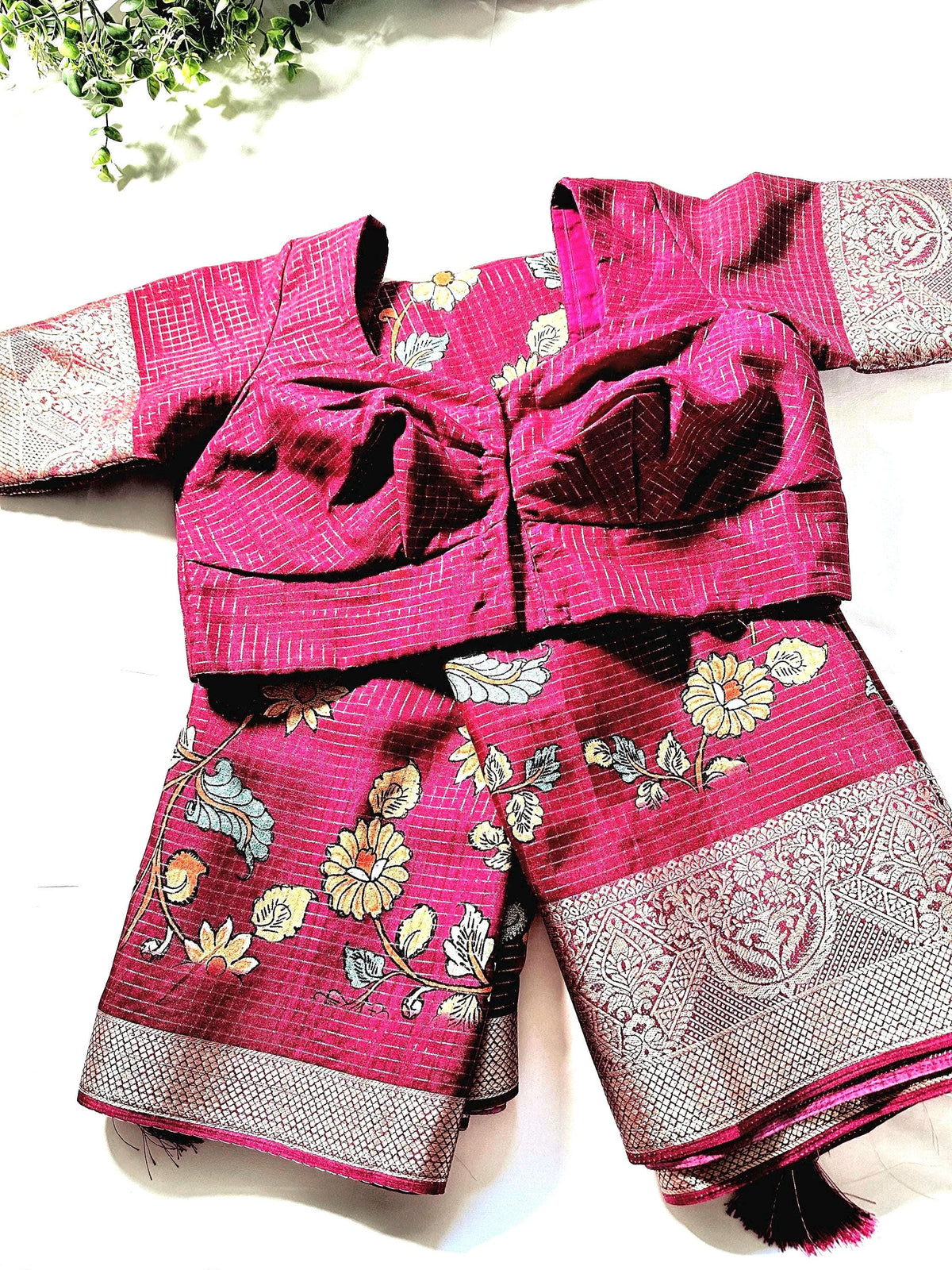 Kalamkari Printed  Semi Tussar  Georgette Silk Saree with Banarsi border | Stitched Blouse | Ready to wear