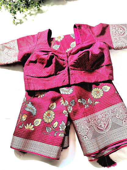 Kalamkari Printed  Semi Tussar  Georgette Silk Saree with Banarsi border | Stitched Blouse | Ready to wear