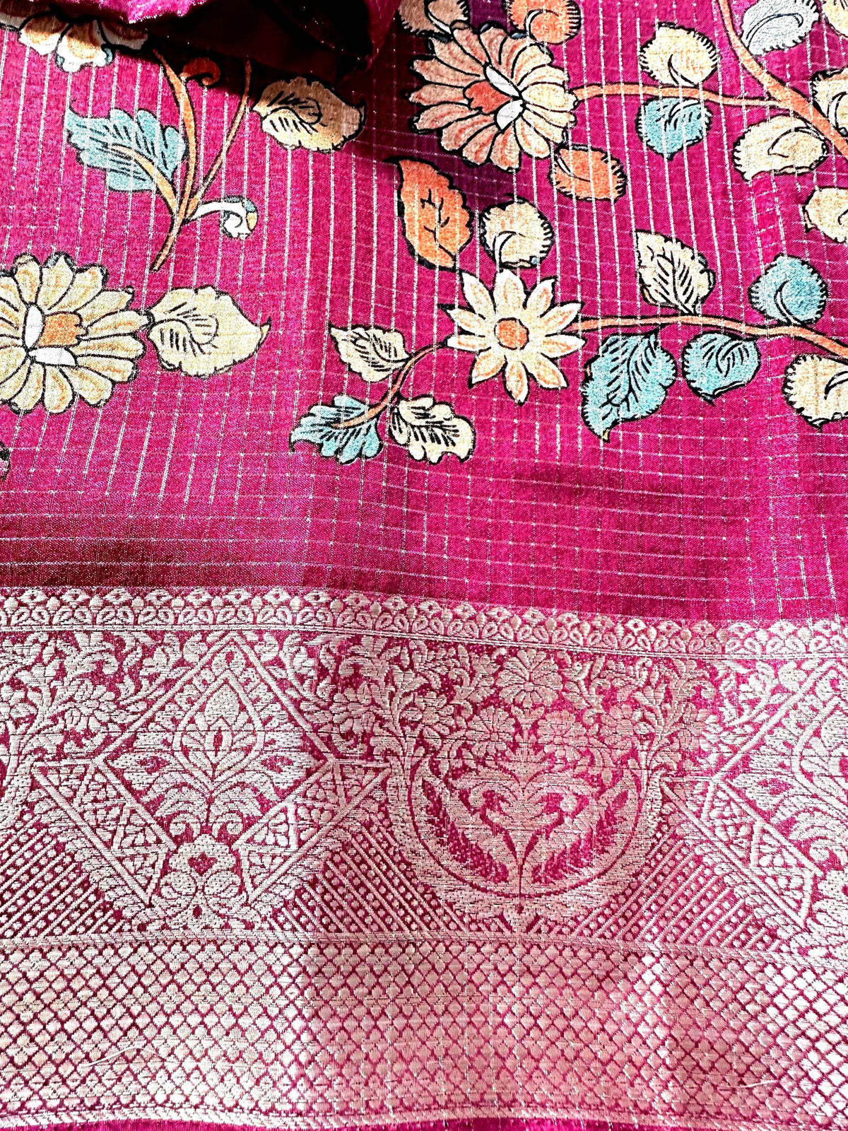 Kalamkari Printed  Semi Tussar  Georgette Silk Saree with Banarsi border | Stitched Blouse | Ready to wear