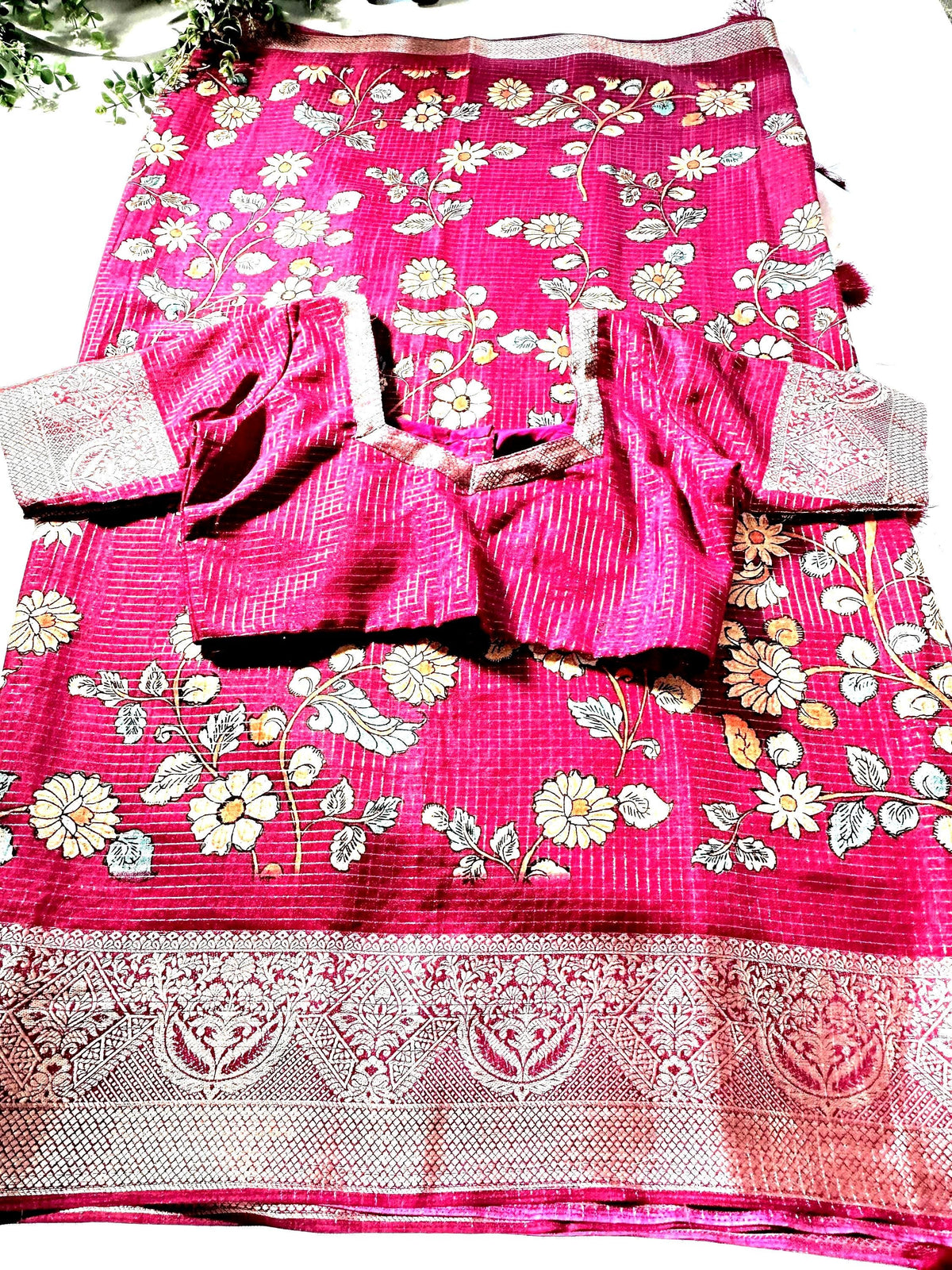 Kalamkari Printed  Semi Tussar  Georgette Silk Saree with Banarsi border | Stitched Blouse | Ready to wear