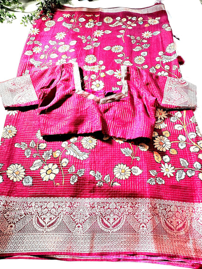 Kalamkari Printed  Semi Tussar  Georgette Silk Saree with Banarsi border | Stitched Blouse | Ready to wear