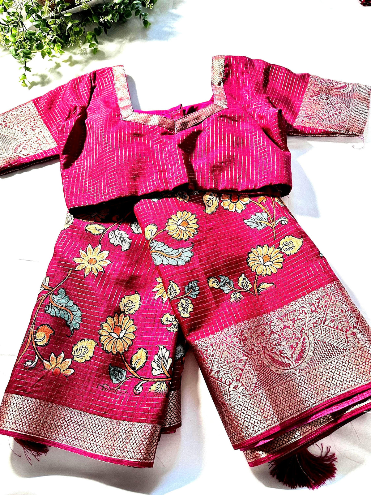 Kalamkari Printed  Semi Tussar  Georgette Silk Saree with Banarsi border | Stitched Blouse | Ready to wear