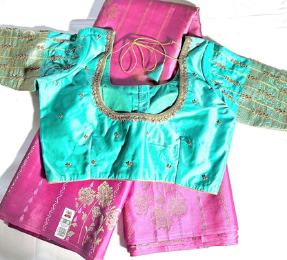 Handloom Kanjivaram Pure Silk Saree with Silk Mark, Stitched Maggam Work Blouse,  Partywear,  Wedding Wear Saree, Shipping from USA