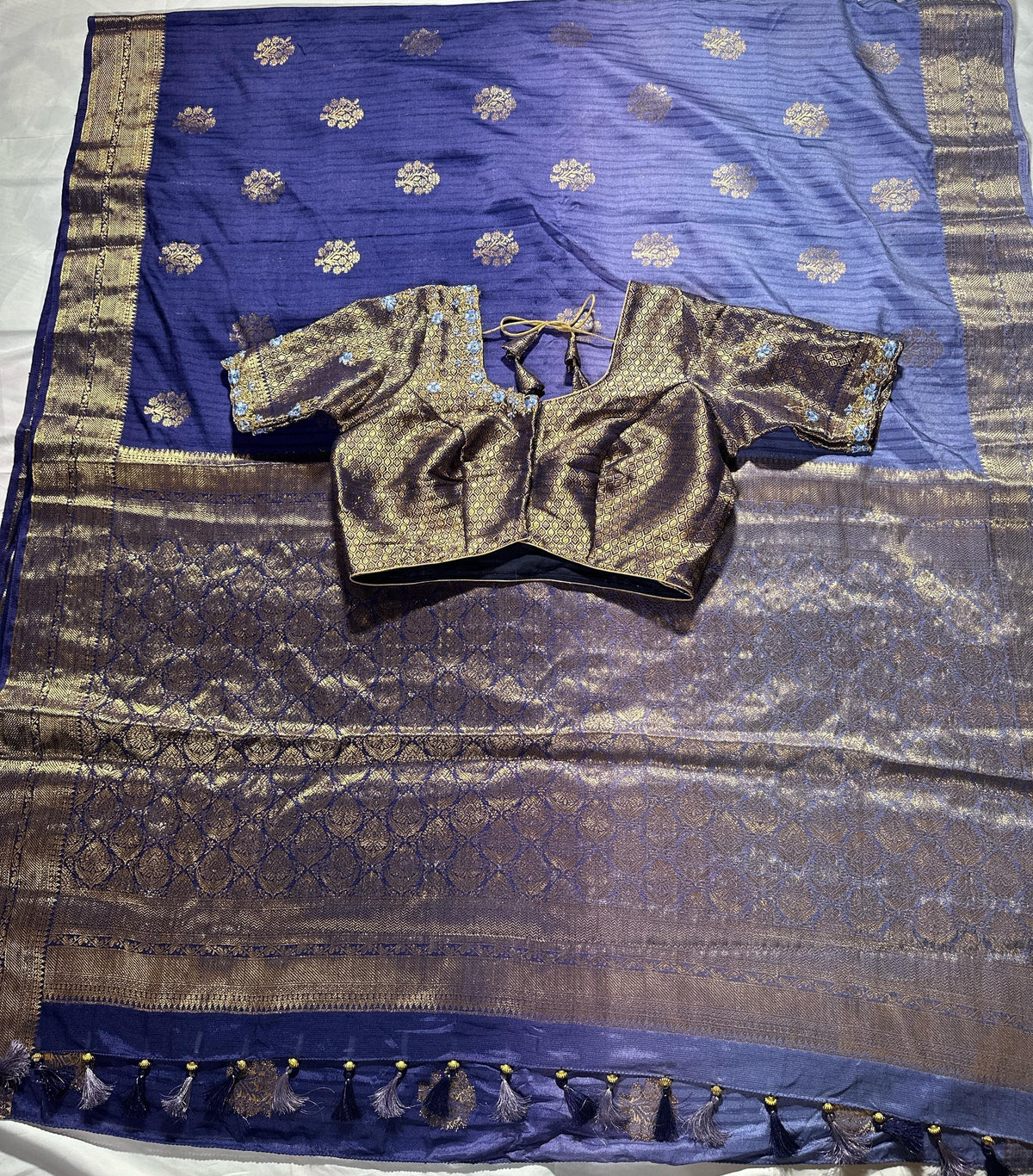 Banarasi Katan Silk Saree with Stitched Blouse | Antique Zari Buta | Wedding Guest Saree