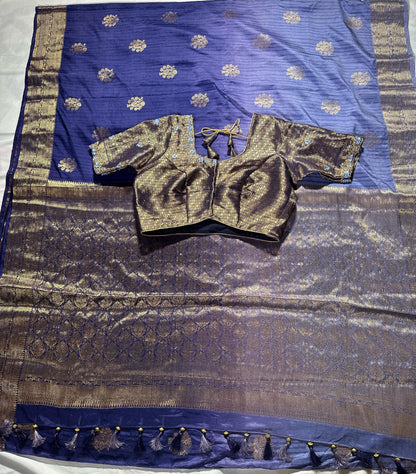 Banarasi Katan Silk Saree with Stitched Blouse | Antique Zari Buta | Wedding Guest Saree