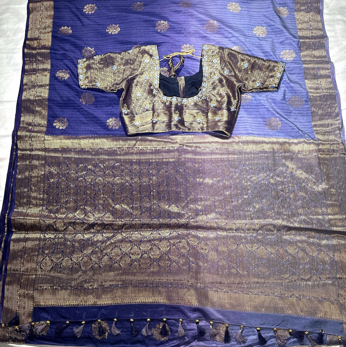 Banarasi Katan Silk Saree with Stitched Blouse | Antique Zari Buta | Wedding Guest Saree