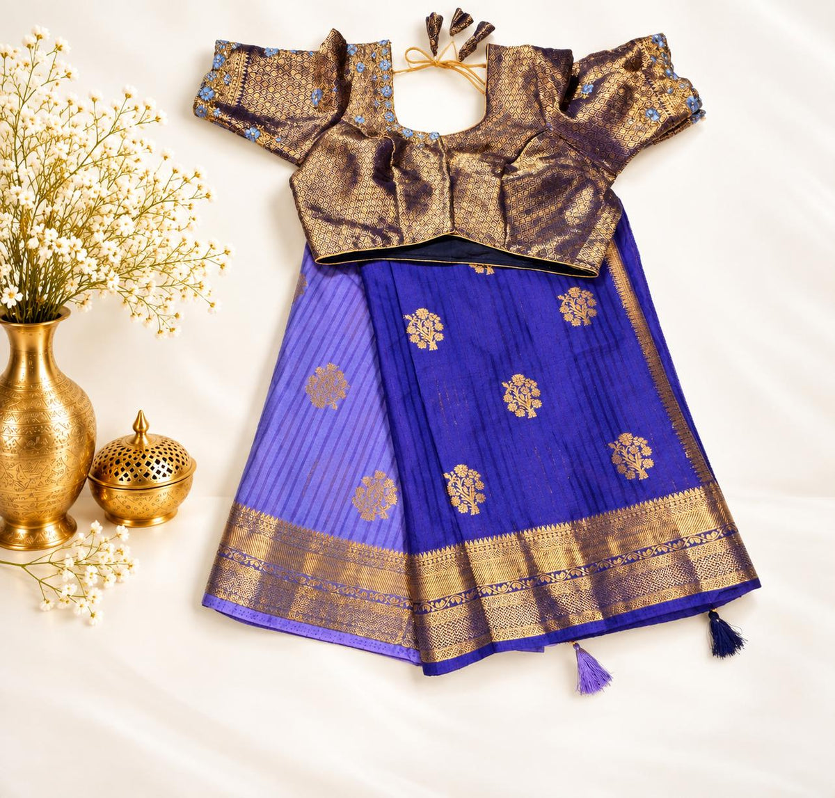 Banarasi Katan Silk Saree with Stitched Blouse | Antique Zari Buta | Wedding Guest Saree