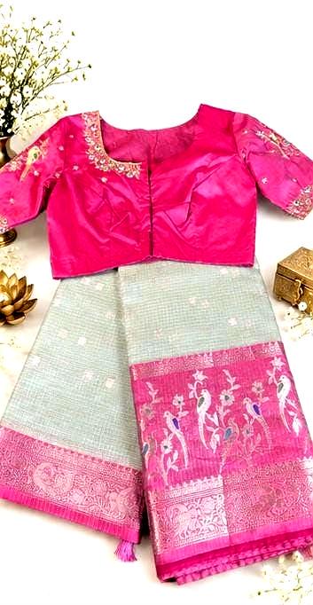 Silky Kota Saree with Maggam Work Stitched Blouse, Indian Wedding Saree | Party Festival Sare Ready to wear
