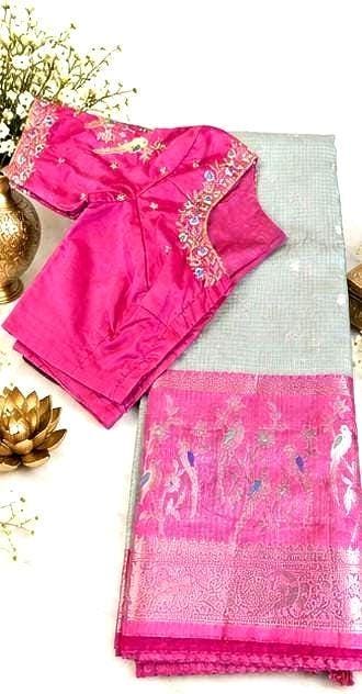 Silky Kota Saree with Maggam Work Stitched Blouse, Indian Wedding Saree | Party Festival Sare Ready to wear