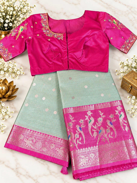 Silky Kota Saree with Maggam Work Stitched Blouse, Indian Wedding Saree | Party Festival Sare Ready to wear