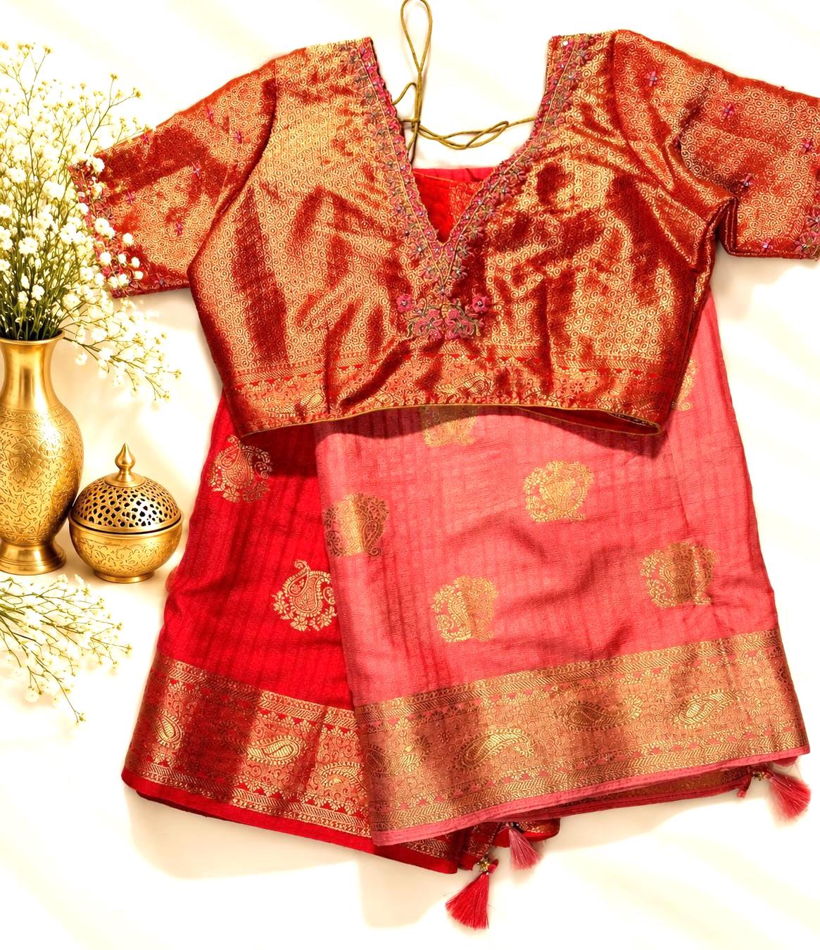Muga Katan Silk Saree with Stitched Blouse | Banarasi Buta Design | Party Wear Saree
