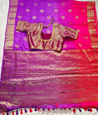Tussar Silk Banarasi Muga Saree Katan Silk with Stitched Blouse | Antique Buta Zari | Ready to wear, USA Shipping