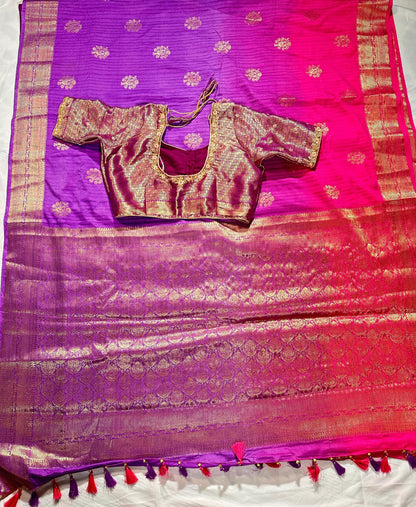 Tussar Silk Banarasi Muga Saree Katan Silk with Stitched Blouse | Antique Buta Zari | Ready to wear, USA Shipping