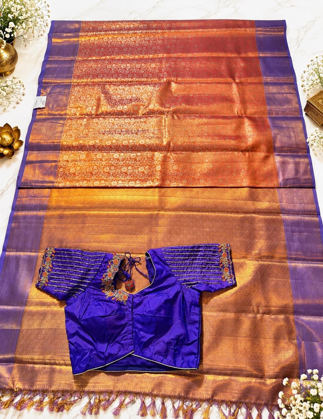 Kanjivaram Tissue Silk Saree with Stitched Maggam Work Blouse | Indian Wedding Saree | Ships From USA